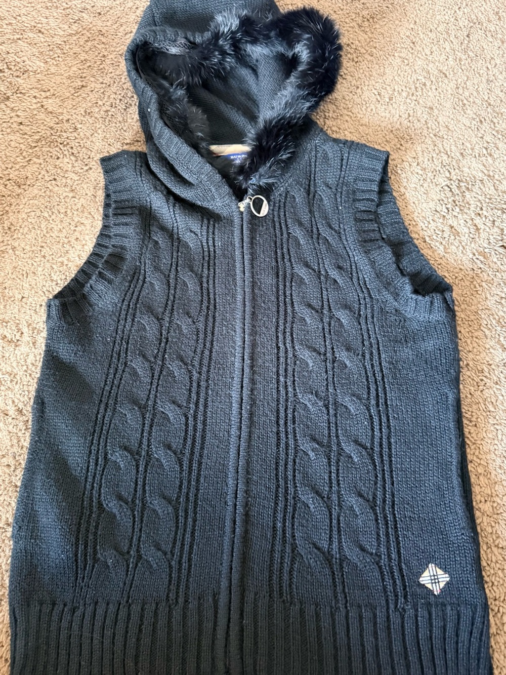 Burberry London Blue Label Sleeveless Cable Knit Hooded Sweater Vest in Black